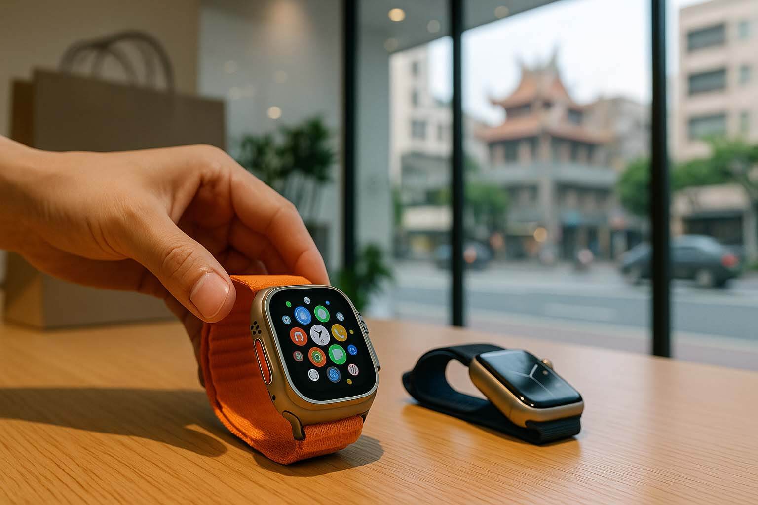 客戶展示橘色錶帶 Apple Watch Ultra，店內窗景與備用錶帶入鏡